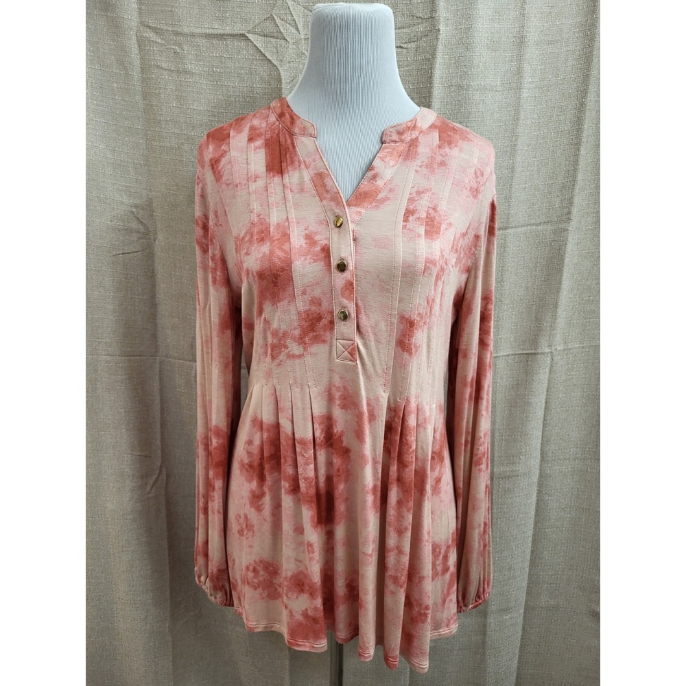 Wonderly Womens Pink Orange Tie Dye Pintuck Henley Tunic Top Size M Casual